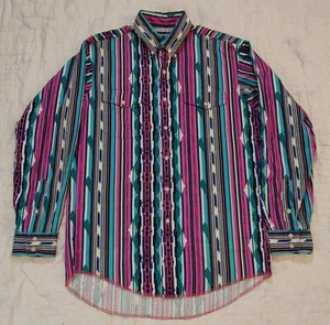Vintage 90s Wrangler Western Brush Popper Shirt sz 16/34 Aztec Pink Turquoise - Picture 1 of 7