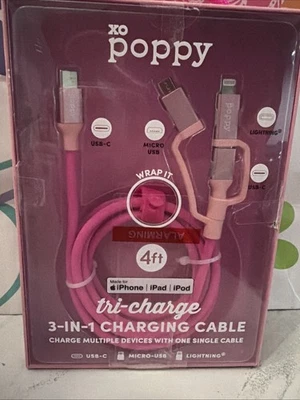 XO Poppy Fast Tri-Charging USB-C Micro USB iPHONE~iPAD~iPOD 4FT Cable HOT PINK! - Image 1 of 4