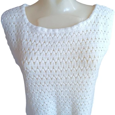 Vintage Women's Crop Top 1960's White Sleeveless Crochet Knit Blouse Mod Granny - Image 1 of 4