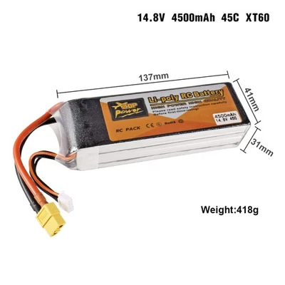 Zop Power 4S 14.8V 4500mAh 45C XT60 Enchufe RC Lipo Batería para RC Coche Barco Drone Foto 1 de 2