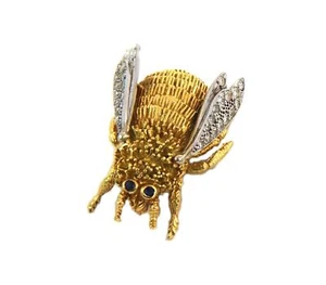 Estate Diamond Sapphire 18k Two Tone Gold 3D Bee Brooch - LIQUIDATION - Picture 1 of 6
