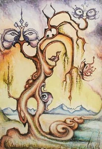 1992 surrealist abstract gouache / pastel painting landscape signed - Picture 1 of 12