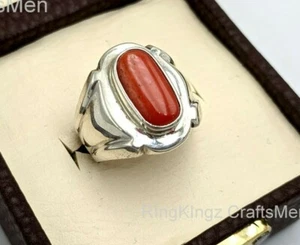 Mens Natural Red Coral Ring Size 9 Handmade Rings 925 Sterling Silver Merjaan - Picture 1 of 7