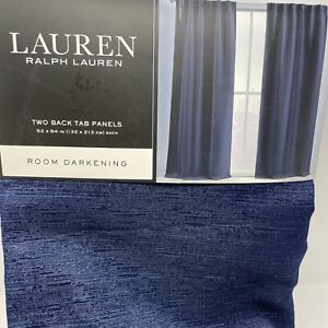 Ralph Lauren LEDA Indigo 52x84 Room Darkening Window Curtains 2 Back Tab Panels