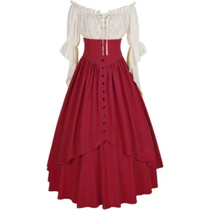 Women Renaissance Costume Medieval Victorian Dress High Waisted Button Skirt Set - Picture 1 of 8