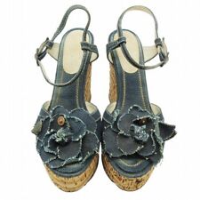 CHANEL Camellia Denim Wedge Sole Sandals US6.5 EU37.5 Platform Thick Sole Ladies