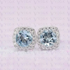 3.04Ct Round Cut Natural Aquamarine & Diamond Stud Earring 14K Solid White Gold - Picture 1 of 8