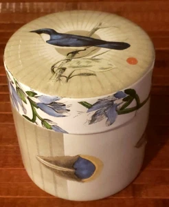 Fringe Studio Ceramic Blue Bird Feathers Cose Trinket Box Lidded Cylinder 3" - Picture 1 of 6