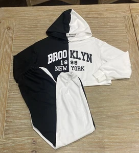 Shein Teen Girls Brooklyn New York Black White Hoodie Sweatpants Outfit Sz 12-13 - Picture 1 of 3