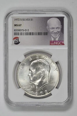 1972 S $1 Silver Eisenhower Dollar NGC MS 67 with Exclusive Label and New Holder - Image 1 of 2