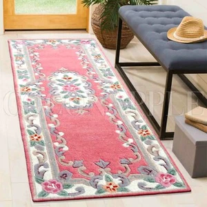 Rose Pink Wool Carved French Aubusson Floor Rug Runner 67x210cm **FREE DELIVERY* - Bild 1 von 6