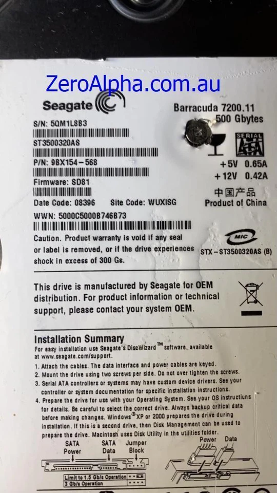 ST3500320AS, 9BX154-568, SD81, SD81, 5QM1 Seagate Data Recovery Donor Hard Drive - Image 1 of 1