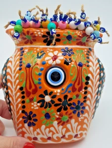 Jarrón floral de cerámica con dije naranja mal de ojo amuleto decoración turca colgante de pared - Imagen 1 de 3
