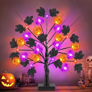 Árbol de Halloween negro decoraciones de Halloween de 18 pulgadas con 24 LED naranja púrpura luz - Imagen 1 de 5