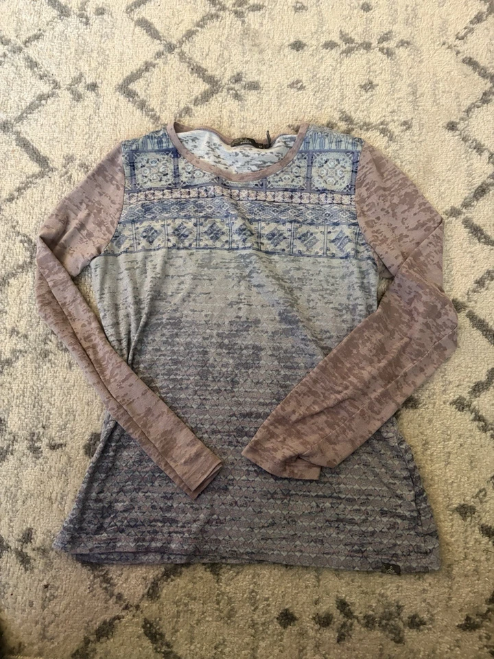 Camiseta suave prAna manga larga boho tejida para mujer mediana púrpura azul estampado Foto 1 de 3