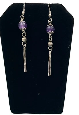Sterling Silver Purple Bead Dangle Earrings w/ Chains – Long Boho Style - Image 1 of 4