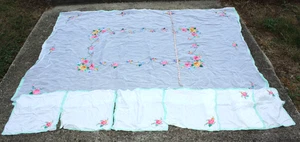 Vintage French Sheer Fabric Tablecloth Flower Embroidery ~60x120" w/6 Placemats - Picture 1 of 12
