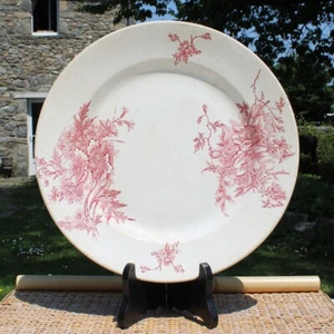 Grande assiette ancienne Terre de fer en faïence décor fleurs roses ø 30 cm - Picture 1 of 6