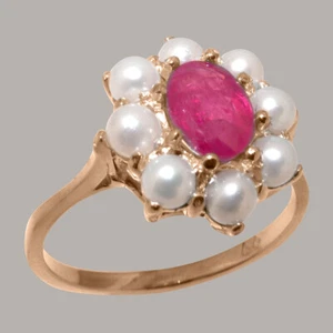 9k Rose Gold Natural Ruby & Cultured Pearl Womens Cluster Ring - Sizes 4 to 12 - Picture 1 of 5