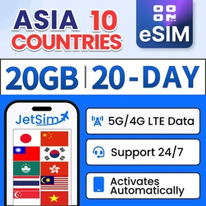 Azja 10 krajów eSIM - 20GB High-Speed, 20-dniowa karta JetSim / podróżna karta SIM - Zdjęcie 1 z 7
