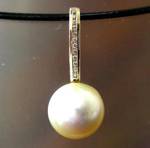 13.9mm!! SOUTH SEA GOLD PEARL 100% UNTREATED+DIAMONDS+18ct SOLID YG PENDANT+CERT - Picture 1 of 1
