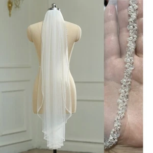 bridal veil 1 Tier Beaded Veil Pearls Veil Elegant Fingertip Veil - Picture 1 of 4