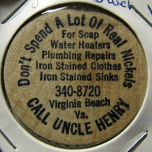 Vintage Uncle Henry Virginia Beach, VA Wooden Nickel - Token Virginia - Picture 1 of 2