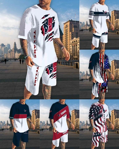Houston Texans Men's Summer Tracksuit Casual Loose Tops Gym Workout Board Shorts Cover