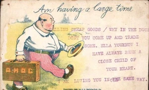 Comic Postcard Fat Bald Man Am Having a Large Time Typed Greeting - Picture 1 of 2