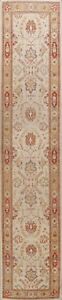 Vintage Ivory Floral Oushak Oriental Runner Rug Hand-Knotted Wool Carpet 3x12