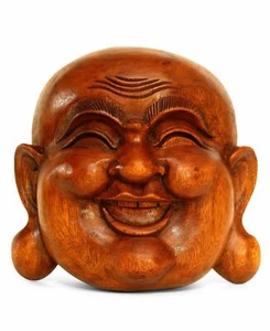 Wooden Wall Mask Laughing Smiling Happy Buddha Head Statue Hand Carved Sculpture - Picture 1 of 4