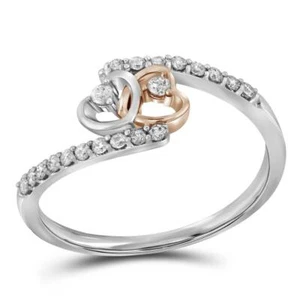 10K Two Tone Gold Genuine Round Diamond Women's Bypass Double Heart Ring 1/5 CT - Picture 1 of 2