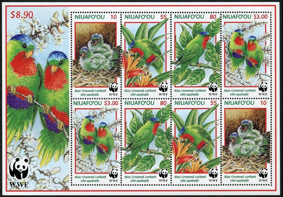 Hoja Tonga-Niuafo'ou 205a, MNH.Mi 326-329 klb. WWF 1998. Lorito coronado azul. Foto 1 de 1