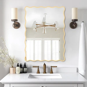 Gold Wavy Mirror Whit Wood Frame, 18" X 24" Small Rectangle Boho Mirror for Nurs - Picture 1 of 8