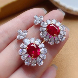 Xmas Mix Color Red Garnet White Topaz Gems Silver Dangle Women Stud Earrings - Picture 1 of 6