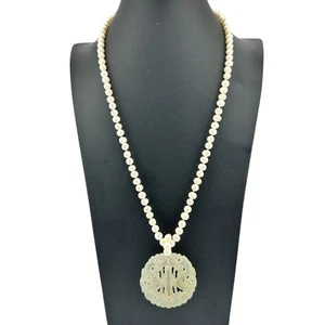 Carved Celadon Jade Fu Shou Longevity FW Pearl 850 Silver Clasp 24" Necklace - Picture 1 of 7