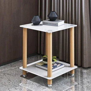 2 Layers Tempered Glass End Side Table 15.7" Square Corner Night Table w Wheels - Picture 1 of 13