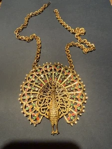 Collar Vintage Corona Oro Grande Pavo Real Declaración Colgante Tono Dorado - Imagen 1 de 2