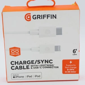 Griffin Fast Charge / Sync Cable w/ Lightning & USB-C 6Ft White M-Fi Certified - Picture 1 of 4