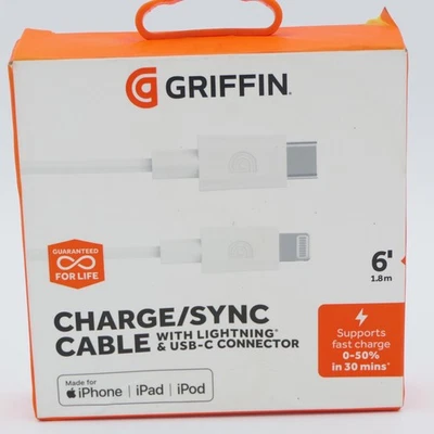 Griffin Fast Charge / Sync Cable w/ Lightning & USB-C 6Ft White M-Fi Certified - Image 1 of 4