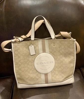 Coach Dempsey 40 ToteBag Khaki Stripe Signature Jacquard Patch Cream Leather Trm - Image 1 of 4