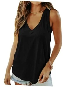 Women Summer Deep V Neck Tank Top Loose Fit Flowy Shirt X-Large Black - Picture 1 of 2