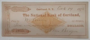 1878 National Bank of Cortland, NY Bank Check   VF/EF Endorsed - Picture 1 of 2