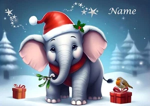 PERSONALISED Christmas card ELEPHANT Mum Dad Daughter Son Wife Grandson MY ART - Picture 1 of 4