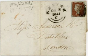 1841 PENNY RED BLACK Pl.5 RH + FORE STREET HILL PENNY POST EXETER to DISTILLERS - Picture 1 of 6