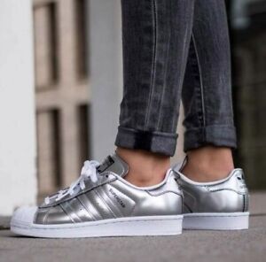 Adidas Superstar W Sneaker Damen Schuh Turnschuh Kinder Glanz Silber weiß 37 1/3