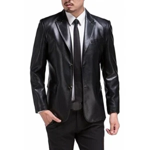Blazer Men's Leather Genuine Lambskin Designer Blazer Two Buttoned Black - Picture 1 of 3