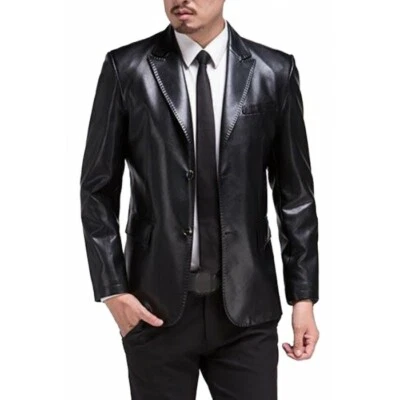 Blazer Men's Leather Genuine Lambskin Designer Blazer Two Buttoned Black - Image 1 of 3