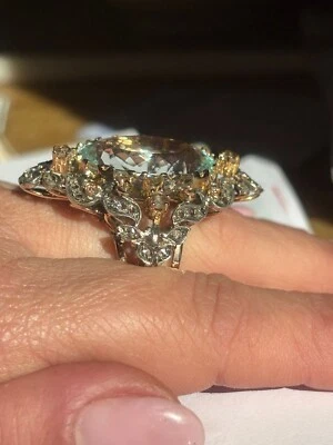 Anello Acqua Marina E Diamanti In Oro 14kt E Argento  - Immagine 1 di 4