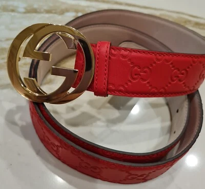 Cinturón Gucci Guccissima Signature Cuero Rojo, Hebilla Dorada, 90 cm- 28/30 Cintura - Imagen 1 de 4